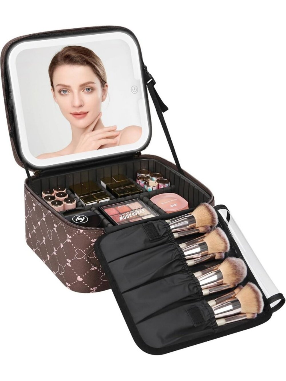 Travel Makeup Bag with LED Mirror, Brown Bowknot - Stylish Cosmetic Organizer